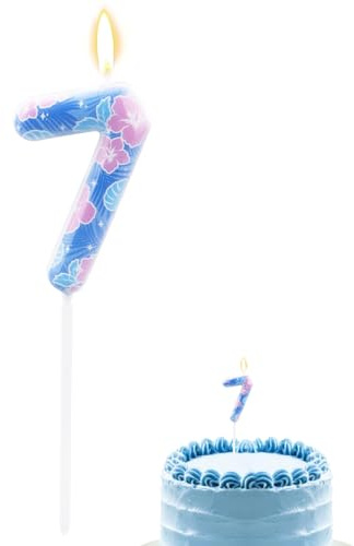 Anime Cartoon Number Birthday Candles, Seventh 7th Cartoon Blue Cake Candle Seven Blue Hawaiian Cake Topper with Flowers for Birthday Decoration Party Supplies (7)