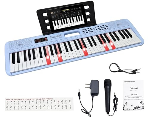 Funtaki 61-tangenter elektroniskt tangentbordpiano för vuxna barn med upplysta tangenter, MIDI-anslutning och inlärningslägen - perfekt nybörjarpiano (blå)