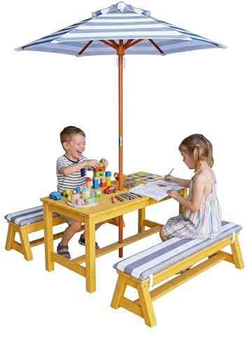 Relaxdays Conjunto Infantil para Exterior, Mesa y Bancos Tipo Picnic con sombrilla y Cojines, Madera, Natural