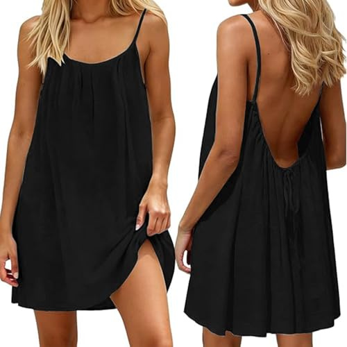 makabaky Robe d'Été Femme Dos Nu Caraco Courte Fluide Légère Plage Vacances | Ample, Manche courte, Tendance 2026, Confortable, Polyvalente, Décontractée, Quotidien, Loisir, Sortie, Mode