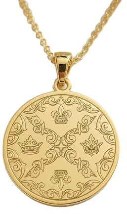 LKBEADS Collier pendentif rond en argent sterling 925 plaqué or, orné d'un emblème royal gravé, avec chaîne maille forçat de 45 cm (18 pouces). Bijou fait main pour homme et femme | LKD_EGP_00791