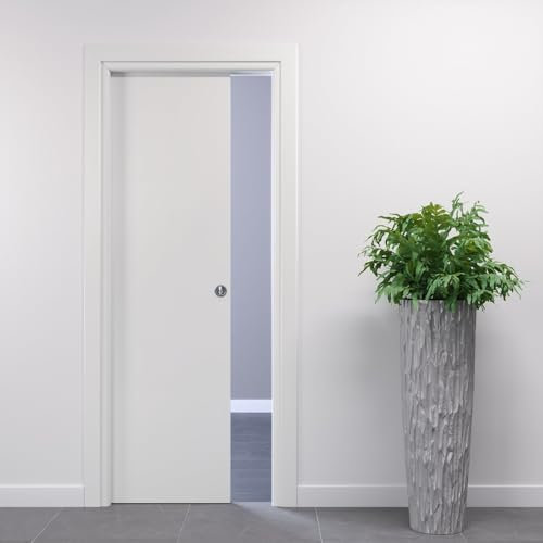 Porte Italiane, Porta Scorrevole Interno Muro, Porta a Scomparsa in Legno, Telaio in HDF e Coprifili Waterproof, Colore Bianco, 70x210 cm, con Serratura Cromo Satinato