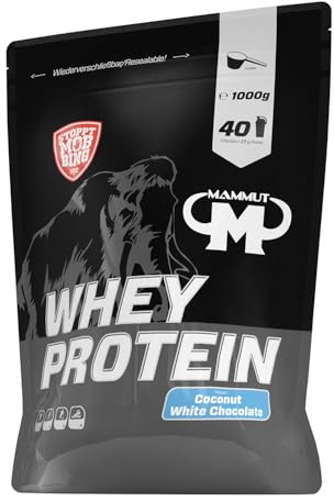 Mammut Nutrition Whey Protein Pulver Coconut White Chocolate – 1kg – 27g Protein pro Portion – Eiweißpulver mit hohem BCAA-Anteil – Perfekte Löslichkeit in Wasser & Milch – Ideale Zwischenmahlzeit