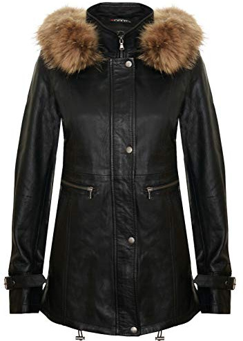 Infinity Leather Abrigo para Damas de Cuero Negro con Capucha Desmontable S