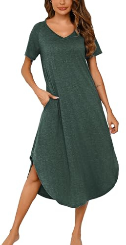 Nieery Camisón Mujer Tallas Grandes Algodon Verano Camisones Manga Corta con Bolsillos S-3XL