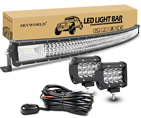 SKYWORLD 52 Zoll LED Arbeitsscheinwerfer Bar Gebogen Off-Road Zusazuscheinwefer 12V 24V, 2 X 4 Zoll Spot Led Scheinwerfer Arbeitslichtleiste + Kabelbaum Kit für 4x4 4WD Traktor LKW ATV UTV Fahrzeuge
