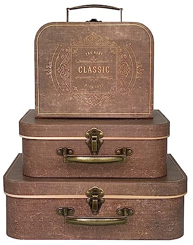Vintage Decorative Storage Box Set of 3 with Lids, Keepsake & Photo Box, Brown Suitcase Memento Case