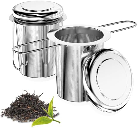 Roctree 2PCS Filtre à Thé - Infuseur Thé Acier Inoxydable,Filtre à Thé Trou Fin avec Poignées Pliable et Couvercle,Pour Tasses et Théières de Toutes Tailles
