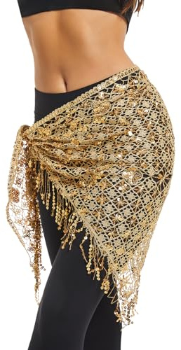 Belly Dance Hip Scarf - Sequin Hip Skirt Belly Dancing Belt Triangle Shawl Tassel Belts Waist Chain for Women/Girls, Gold, One Size