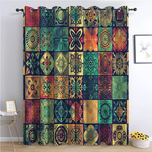 CozyRest Blackout Curtains for Bedroom, Splicing Traditional Indian Prints Theme, Grommet Curtains, Thermal 2 Panels, Drapes, Soft Noise Reduce, Mandala And Bohemian Style, 92 x 90 in