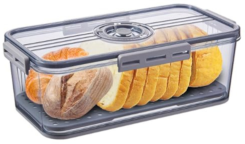 Mini brödkorg med lock och vakuumluftventil, tidsinspelning, lufttät brödlåda för köksbänk, kylskåpshållare i plast, förvaringsbehållare för hemlagad limpa rostat bagel, munk, kakor bull, smörgås, grå