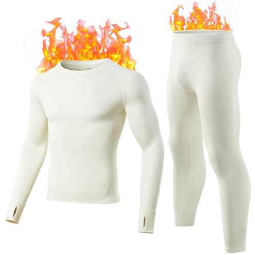 gagli Termiska underkläder män med innerfleece, termoundertröja och termobyxor, funktionella underbyxor, vintervarma skidunderkläder, set, Beige, XXL