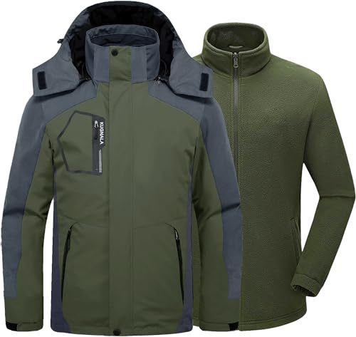 Kugnala Mens Winter Skiing Jacket 3 in 1 Waterproof Warm Snow Fleece Lining Coat Hooded Windproof Jacket S-6XL, Green/Grey, 4XL