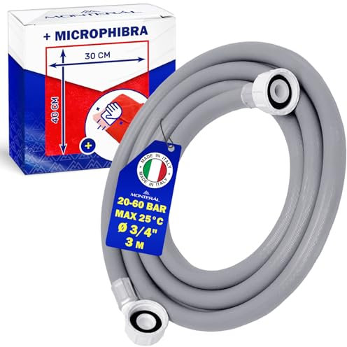 Manguera Lavadora y Lavavajillas 3 m para Entrada Agua 25°C Presión de 20 a 60 Bar Conexión Recta y Ángulo Ø 3/4 - Completo con Bayeta Microfibra - MADE IN ITALY - MONTERAL