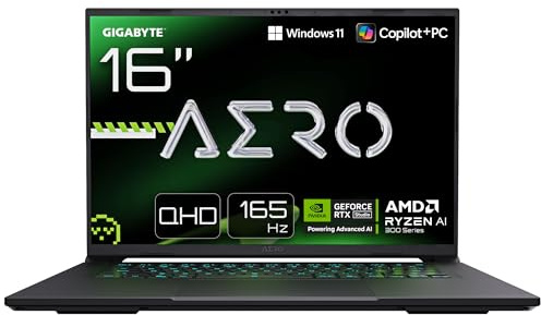 GIGABYTE Aero X16 2WH Portátil Gaming – 16“, 165Hz WQXGA, Ryzen AI 9 HX 370, RTX 5070, 32GB DDR5, SSD Gen4 de 1TB, Win 11 Home, Garantía de 2 años, Copilot+ PC, Aero X16 2WHA3ESC64AH