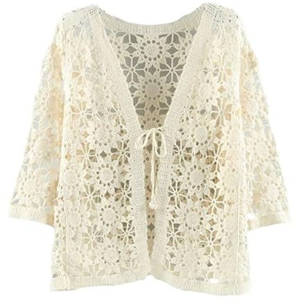 Boléro en Dentelle À Manches 3/4 pour Femme, Cardigan Court Transparent Au Crochet, Veste À Nouer Devant, Chemisier Élégant pour Robes De Soirée Décontractées, Beige, Taille Unique