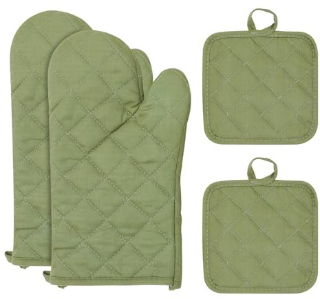 Juego de 4 Guantes para Horno, Agarraderas, Guantes De Cocina, Manoplas Horno, Resistente Calor Guantes para Microondas, para Cocinar, Asar, Hornear, Barbacoa y Microondas (Verde Militar)