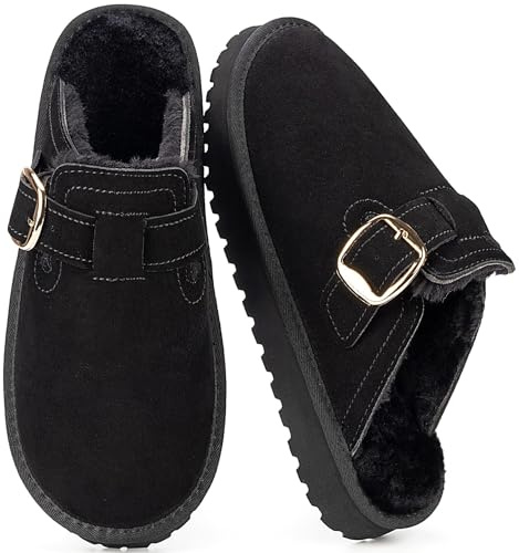 Mishansha Zuecos y Mules para Mujer Invierno Cálido Pantuflas, Negro 40