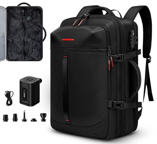 Auluda Mochila de viaje con sellado al vacío de 60 L, sistema de compresión de aire expandible, resistente al agua, bloqueo TSA, maleta, equipaje, color negro, 52 cm, bomba de vacío incluida