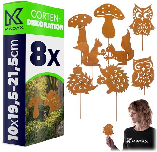 KADAX Set med 8 trädgårdsspetsar av cortenstål, rostfigurer med ugglor, igelkott, ekorre och svamp, rosiga trädgårdsfigurer, väderbeständig metalldekoration för trädgård