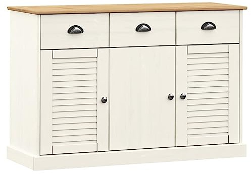 LKJephalotrop Aparador VIGO 113 x 40 x 75 cm, cómoda de madera maciza de pino blanco, aparador con cajones y puertas en diseño de persianas, armario auxiliar para salón y pasillo
