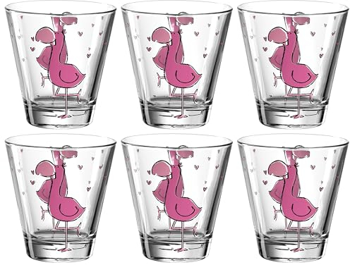 Leonardo Bambini Trink-Glas 6er Set, Kinder-Becher aus Glas mit Tier-Motiv Flamingo, spülmaschinengeeignete Saft oder Wasser Gläser, 215 ml, 017904