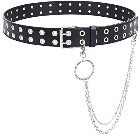 SUOSDEY Punk Gürtel Damen und Herre Ledergürtel Mit Metallkette, Mode Doppelloch Gürtel Hosen Jeans Schwarz,L