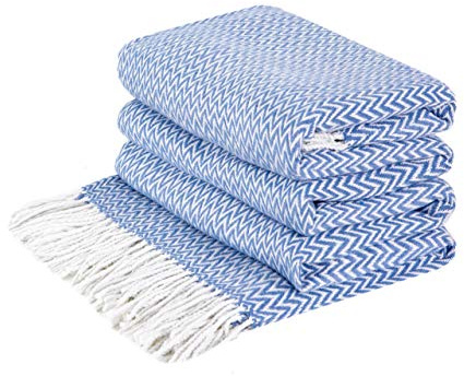 LYHome Manta de Algodón con Flecos. Plaid de Algodón para Sofá, Cama, Sillón, Sala de Estar, Dormitorio, Decoración y como Regalo. Plaid Grueso, Suave (140 cm x 200 cm/Azul Brillante y Blanco)