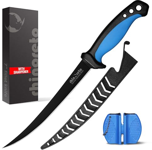 Rhinoreto Fillet Knife for Fish, Razor Sharp Flexible German Stainless Steel Blade 5-9 inch, Professional Knives for Filleting and Boning, with Non-Slip Handle, Protective Sheath and Sharpener set