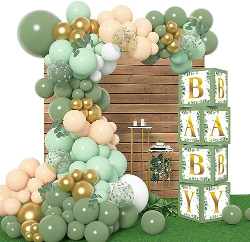 Amandir 145Pcs Baby Boxes Sage Green Baby Shower Decorations, Olive Green Balloon Garland Kit 4 Baby Blocks Gold Letter for Gender Neutral Boy Girl Safari Jungle Birthday Baptism Party Supplies