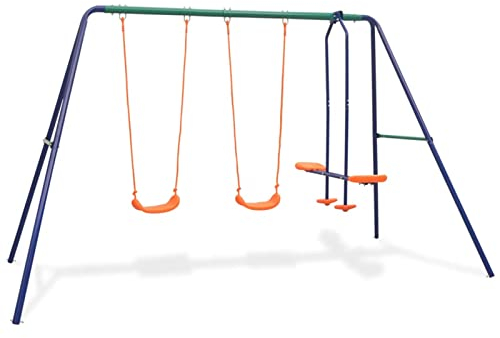 Keketa Kinderschaukel Schaukelset mit 4 Sitzen Gartenschaukel Schaukelgerüst | 2 Schaukeln mit Wippe| Schaukelgestell 3-10 Jahre bis 4 Kinder Orange