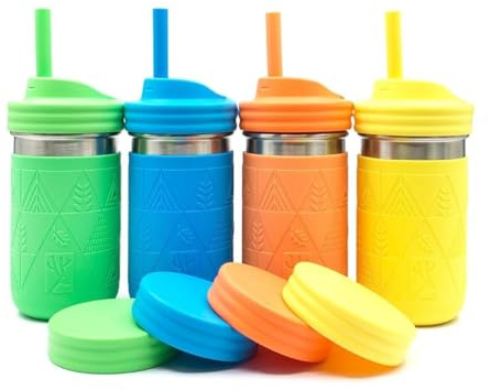 Älg och vänner 4 dl koppar i rostfritt stål | koppar för barn och småbarn med silikonsugrör med propp | spillsäkra koppar för barn | smoothie-koppar | diskmaskinssäker (grön/orange/gul/blå, 14 oz)