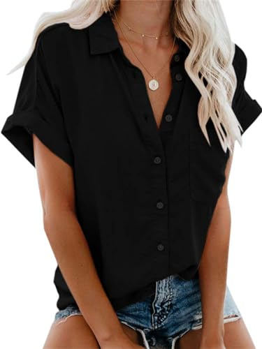 Friptspyg Donna da Camicia Manica Corta Scollo a con Bottoni 100% Cotone Casual Blusa con Tasca vestibilità Ampia Versatile per L'Estate, Nero M