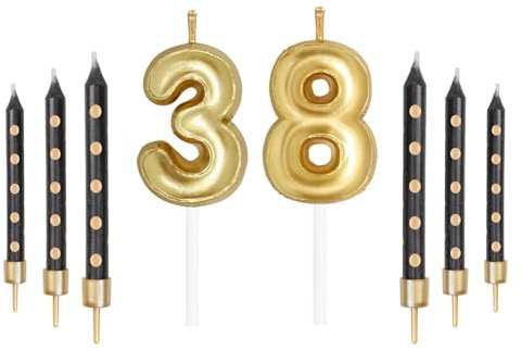 Juego de velas de números dorados con puntos negros, velas de feliz cumpleaños 38 para pasteles, velas de fiesta, velas de pastel de cumpleaños para niñas, niños, mujeres
