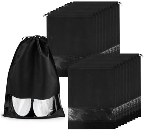 20 Stück Schuhbeutel, Wasserabweisend Schuhtasche Schuhbeutel Reise, Staubdicht Schuhsack Stoffbeutel mit mit Kordelzug und transparentem Schlitz, Schuhtasche für den Alltag und Reisen, Schwarz