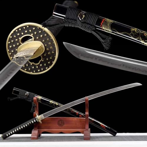 103cm scharfes Katana mit handbemalter Lackscheide aus massivem Holz,Brennklinge aus T10-Stahl,Tsuba reinem Kupfer,handgefertigte echte Samuraischwerter für Geschenke,Sammlung,Dekoration,Verteidigung