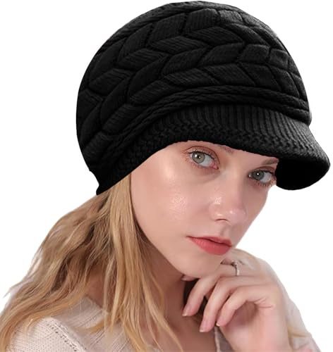NLAND Bonnet Femme Hiver Chaud Casquette Chic Chapeaux Tricoté avec Visière Beret d'hiver avec Doublure en Polaire(Noir)