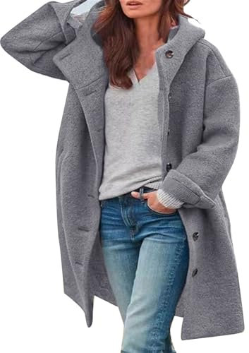 Wollmantel Mit Kapuze Damen - Trenchcoat Damen Lang Winter Wintermantel Elegante Übergangsjacke Einfarbig Freizeitjacke Mit Taschen Locker Winter Warme Winterjacke Freizeitjacke Kapuze-Wollmantel