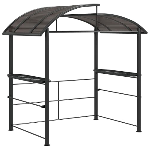 Outsunny Grillpavillon mit 2 Ablagen, Grillüberdachung mit Flammschutzdach, Pergola mit UV-Schutz, BBQ-Pavillon für Balkon, Garten, Stahl, PC, 240 x 150 x 230 cm, Dunkelgrau