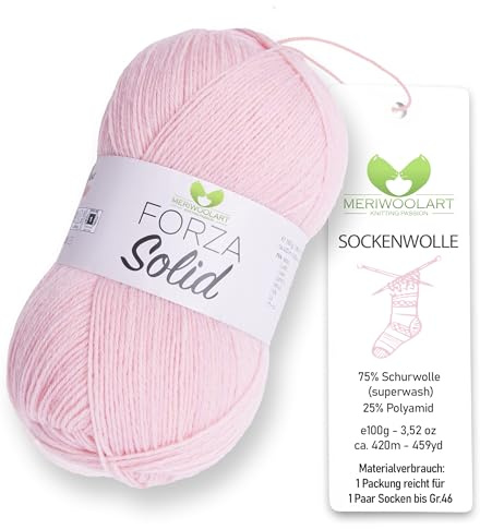MeriWoolArt® Laine pour chaussettes 4 brins, 100 g de laine mérinos, pour tricot et crochet, 75 % laine vierge (superwash), 25 % polyamide, 420 m - Idéal pour chaussettes pour homme et femme, pull et