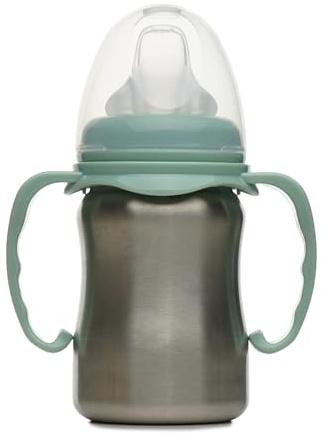 THERMOBABY - Tasse en inox bébé avec anses et tétine silicone - Anti-fuites - 180 ml - Facile à nettoyer - Durable -Idéale pour l’autonomie de bébé - Vert cactus