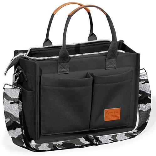 Captain Blues Canvas Tasche Damen, große Tote Bag, Arbeitstasche Damen, Handtasche Umhängetasche Schultertasche mit Fächern für Uni, Schule, Shopper (New Upgrade Plus Schwarz)