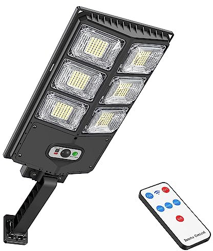 PEAKRO Lampione Solare Led Esterno 252 LED 150W Luci Faro Led Esterno con Pannello Solare e Sensore di Movimento, IP65 Impermeabile Lampada Lampione da Giardino con Telecomando per Strada Garage