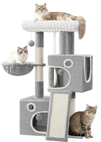 Hzuaneri 98 cm Cat Tree, Cat Tower for Indoor, Scratching Ramp, Light Grey | Multi-Level Cats House Furniture with Scratching Post, 2 Caves, Large Platform, Pompom, MS10118LG