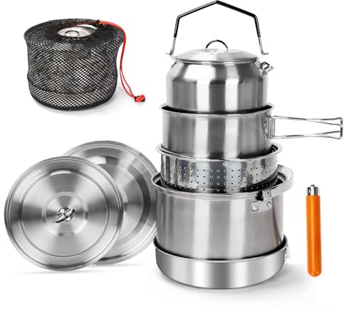 Set di pentole da campeggio Denmay, set di pentole da campeggio in acciaio inox, set di pentole e padelle da campeggio, pentole da campeggio in acciaio inox per cucina da campeggio, 5 pezzi