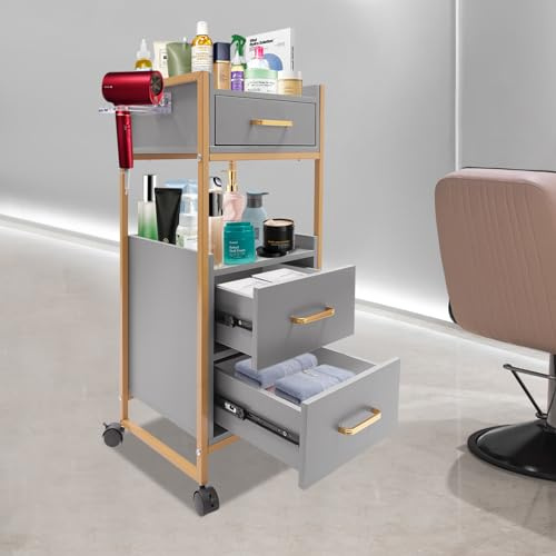 Carrello cosmetico con ruote, 3 cassetti e porta asciugacapelli, carrello salon, trolley da parrucchiere con armadio, moderno carrello da lavoro per bagno, soggiorno (grigio)