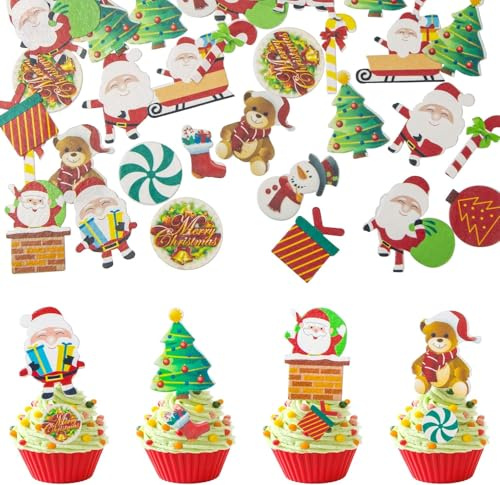 60 Pièces Décorations Noël Comestibles Décoration Papier Comestible Noël Elk Bonhomme en Pain d'Épices Convient pour un joyeux anniversaire un thème
