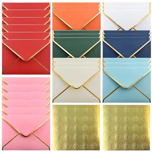 poraceous 30 Pièces Enveloppes, Enveloppes Colorées avec Rabat en V, Mini Enveloppe Phoque en Forme de Cœur, Petites Enveloppe avec Bordure Dorée, pour Mariages, Fêtes, Anniversaires