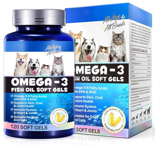 Omega-3 Olio di Pesce per Cani e Gatti – Capsule con Olio di Salmone, EPA & DHA – Supporta Pelle, Pelo, Articolazioni, Cuore e Sistema Immunitario – 120 Capsule Softgel, Tutte le Razze e Età