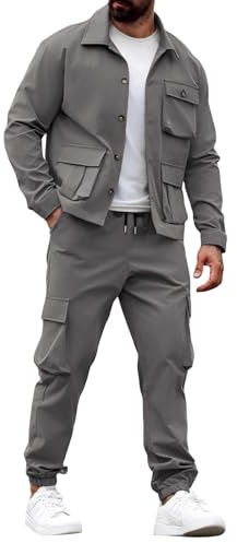Ensemble veste et pantalon cargo pour homme, tenue tactique 2 pièces avec poches multipoches, veste boutonnée avec jogging, vêtement de travail pour homme, vêtement de rue décontracté, gris, L